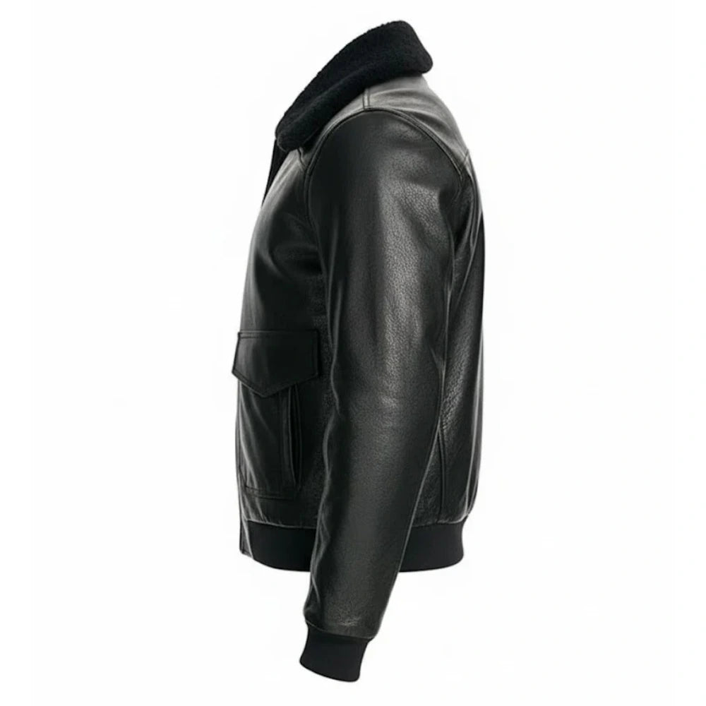 Black Leather Fur Collar Bomber