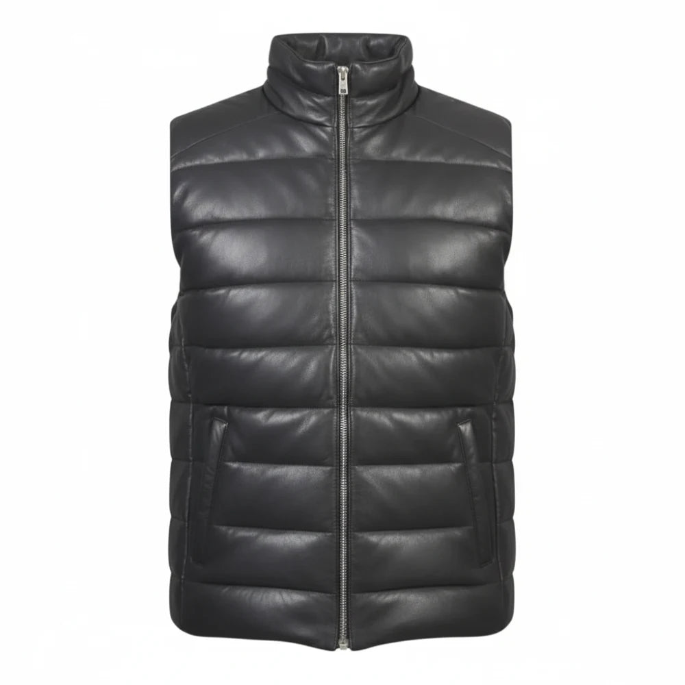 Black Leather Puffer Vest Men’s