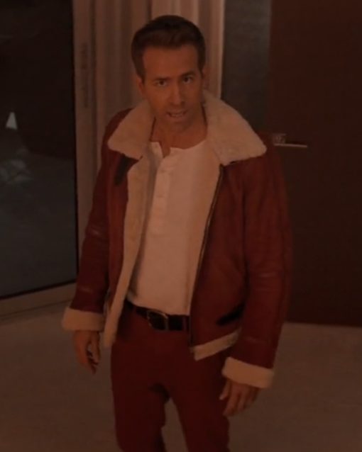 Ryan Reynolds red shearling jacket