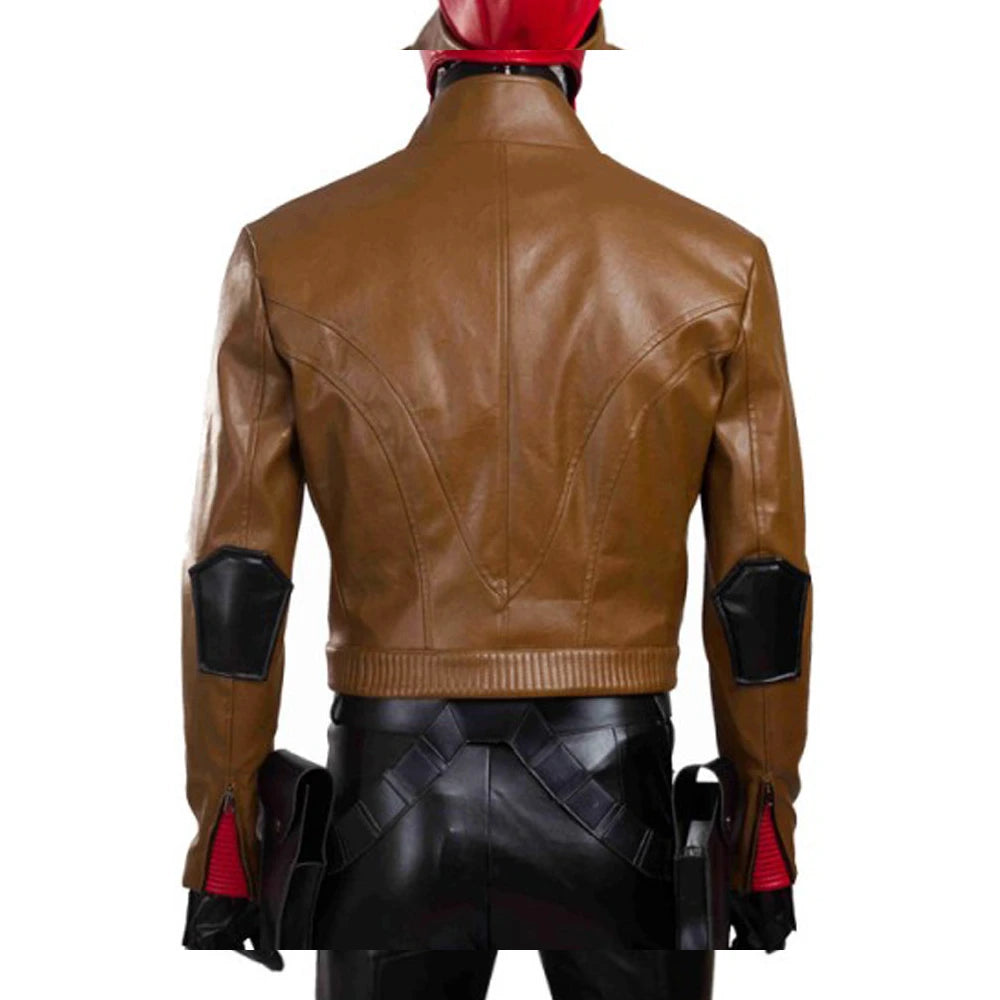 Brown leather jacket red hood