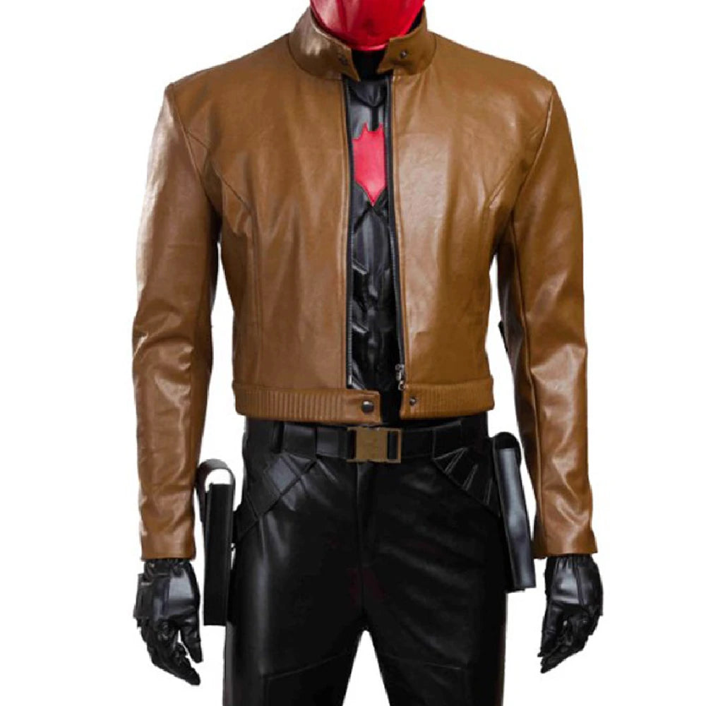 Brown leather jacket red hood