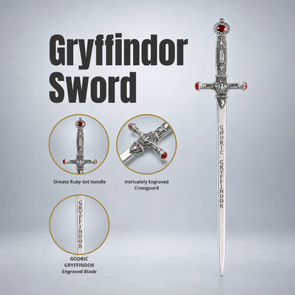 A promotional product graphic for the Gryffindor Sword from Harry Potter. The image features a large, detailed view of the silver-colored sword on the right, with three circular inset diagrams on the left highlighting its ornate ruby-set hilt, intricately engraved crossguard, and the 'Gryffindor' engraving on the blade.