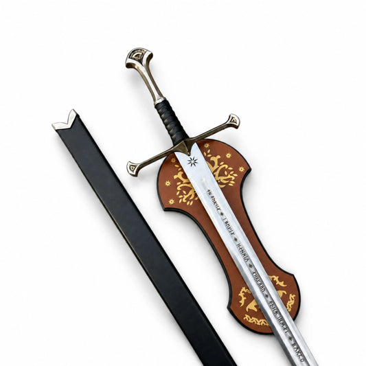 Anduril Flame of the West sword replica with black scabbard and Gondor display plaque